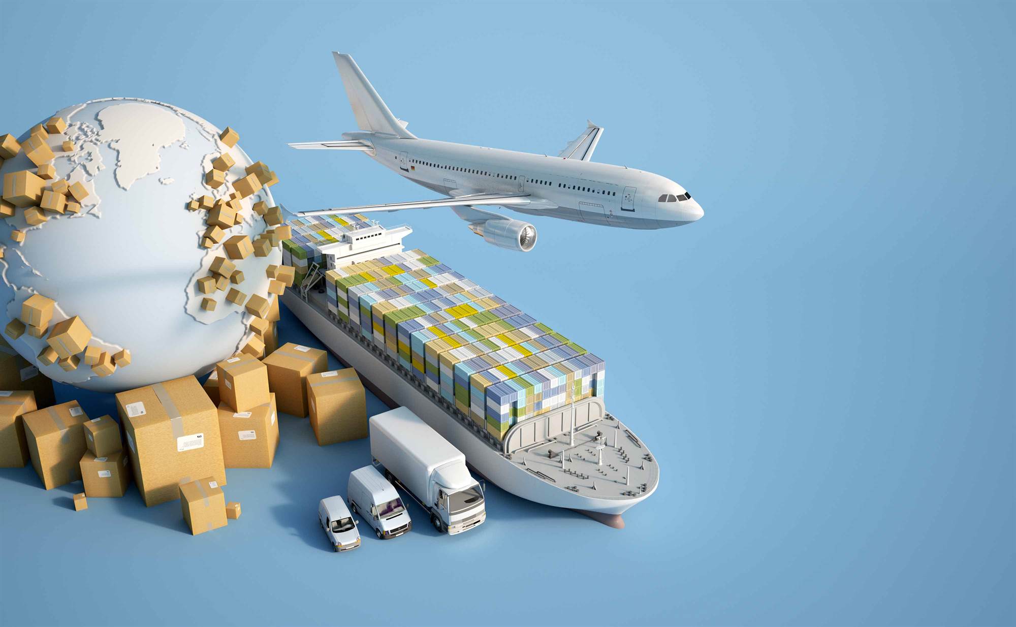 3D rendering of the Earth, a pile of boxes, a truck, a plane, and a van