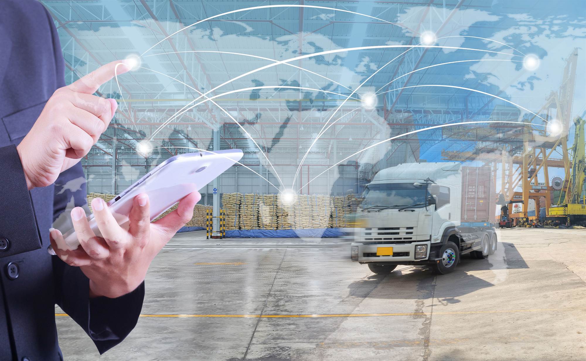 3D rendering of the Earth, a pile of boxes, a truck, a plane, and a van